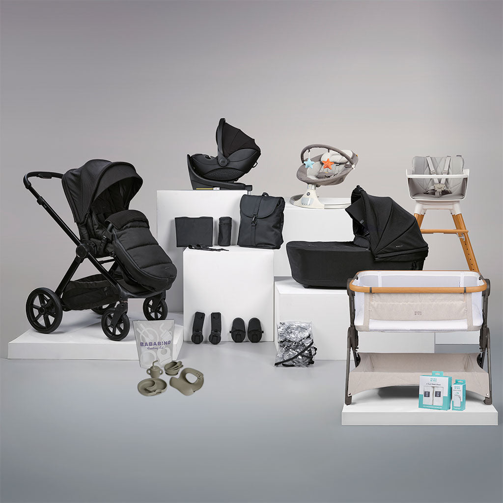 Bababing 18pc Raffi MKII Travel, Home & Feeding Bundle with spin car seat & Isofix base - Gloss Black