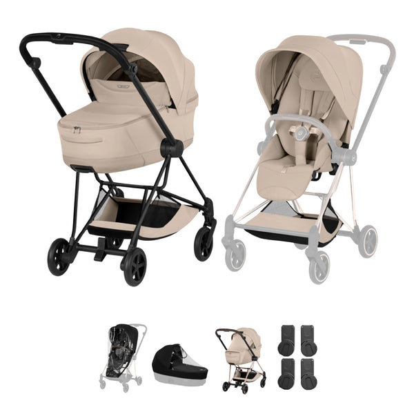 Cybex Mios Pushchair & Fold Cot Bundle Style Collection - Matt Black / Cozy Beige