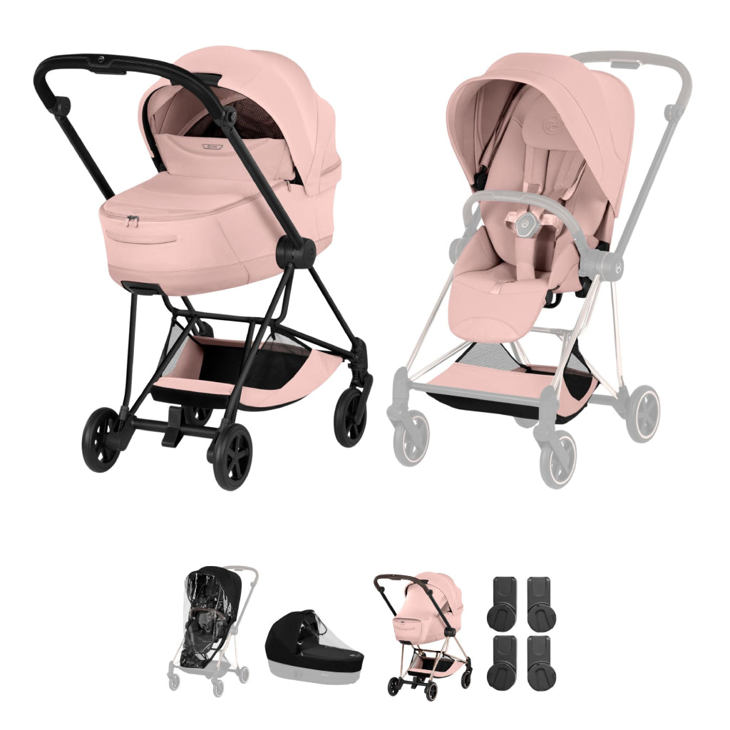 Cybex Mios Pushchair & Fold Cot Bundle Style Collection - Matt Black / Peach Pink