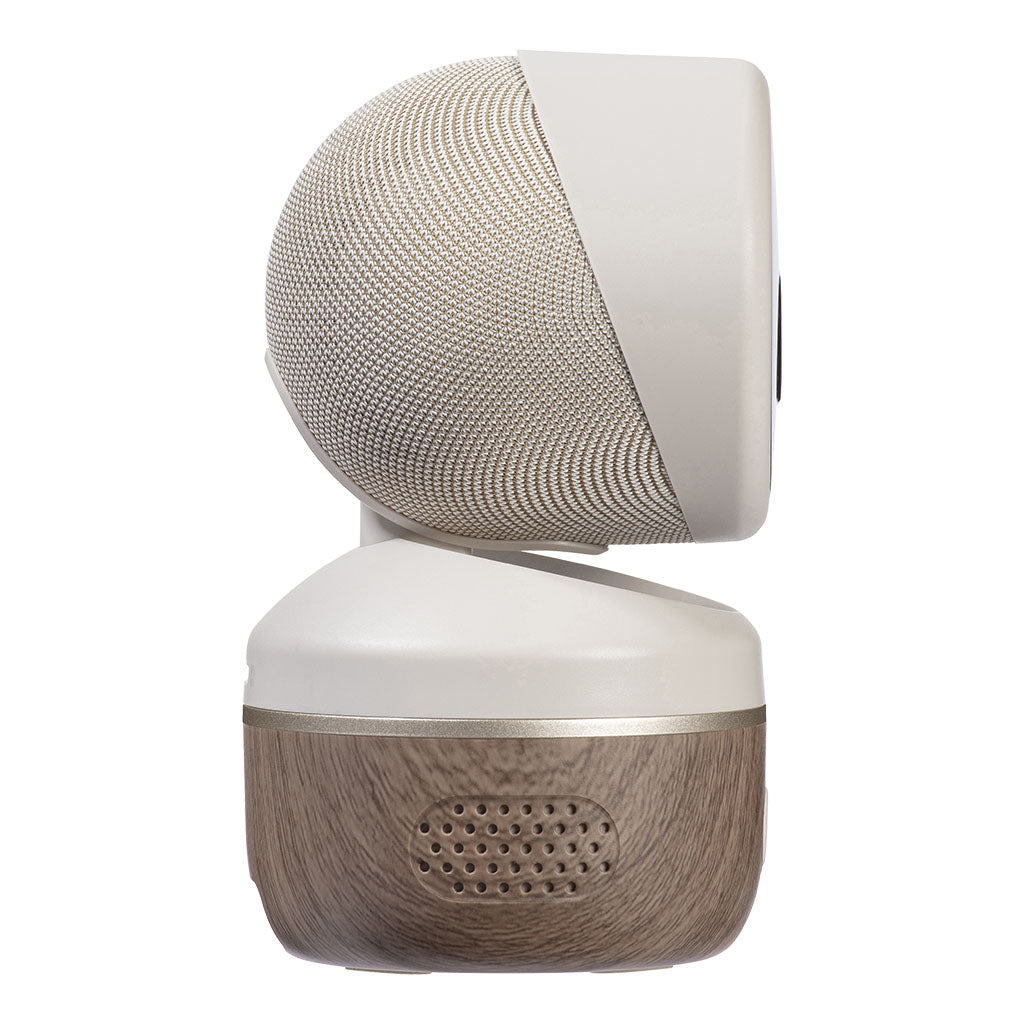 A modern smart speaker device with a white upper housing, a textured beige mesh dome, and a brown wood-grain lower base, shown against a plain white background.