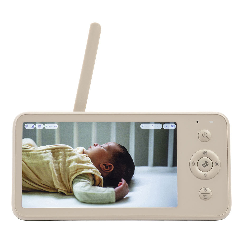 A baby video monitor with an antenna, featuring a screen showing a baby lying down and control buttons on the right side, set against a plain white background.