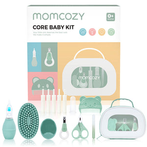 Momcozy Core Baby Kit packaging with baby care items displayed in front