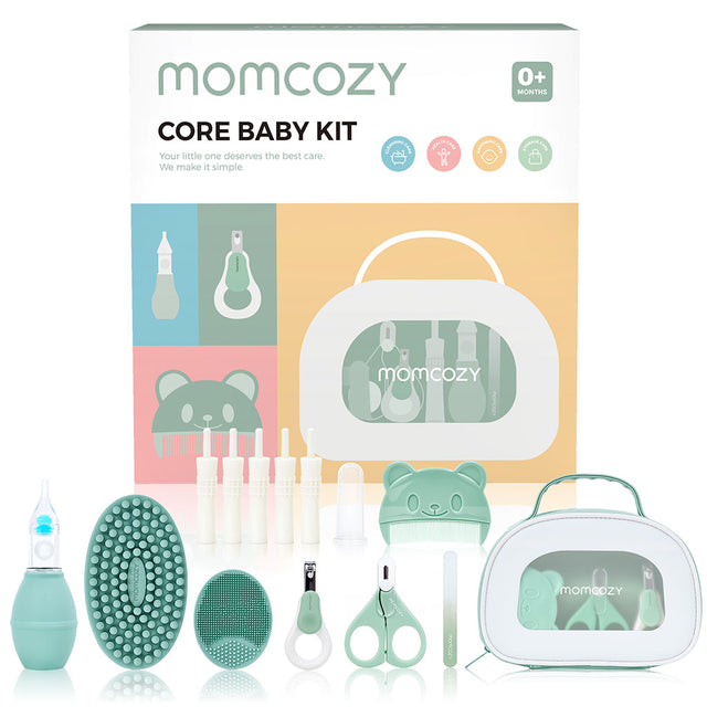 Momcozy Core Baby Kit packaging with baby care items displayed in front