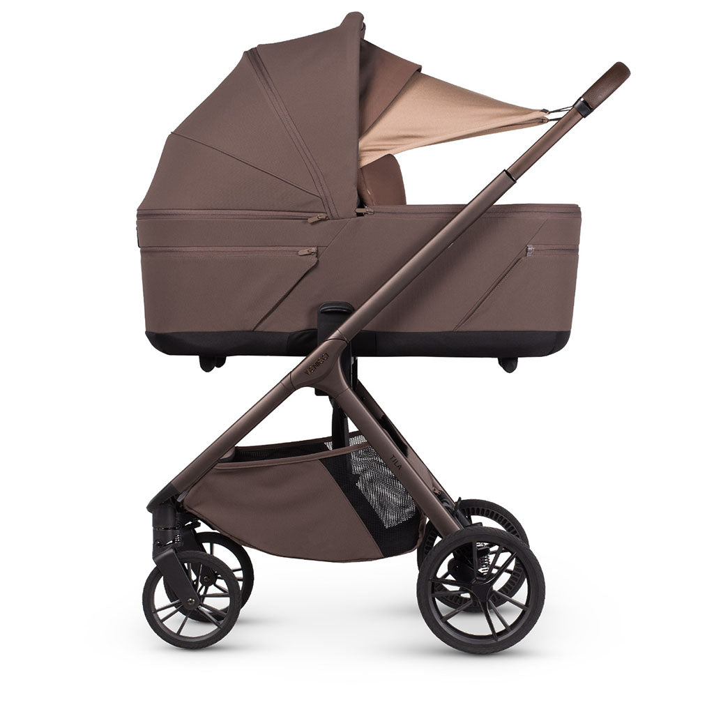 Venicci Tila Pushchair with carrycot side view sunshade extendable hood apron in Noce - Chocolate