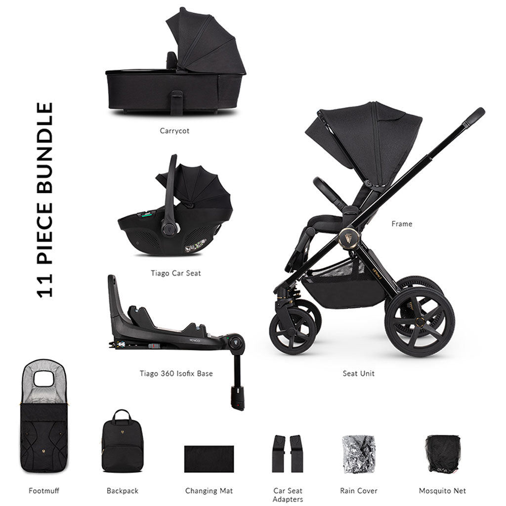 Venicci Upline 2 - 3 in 1 Pushchair with Tiago Black  Car Seat and Base - All Black