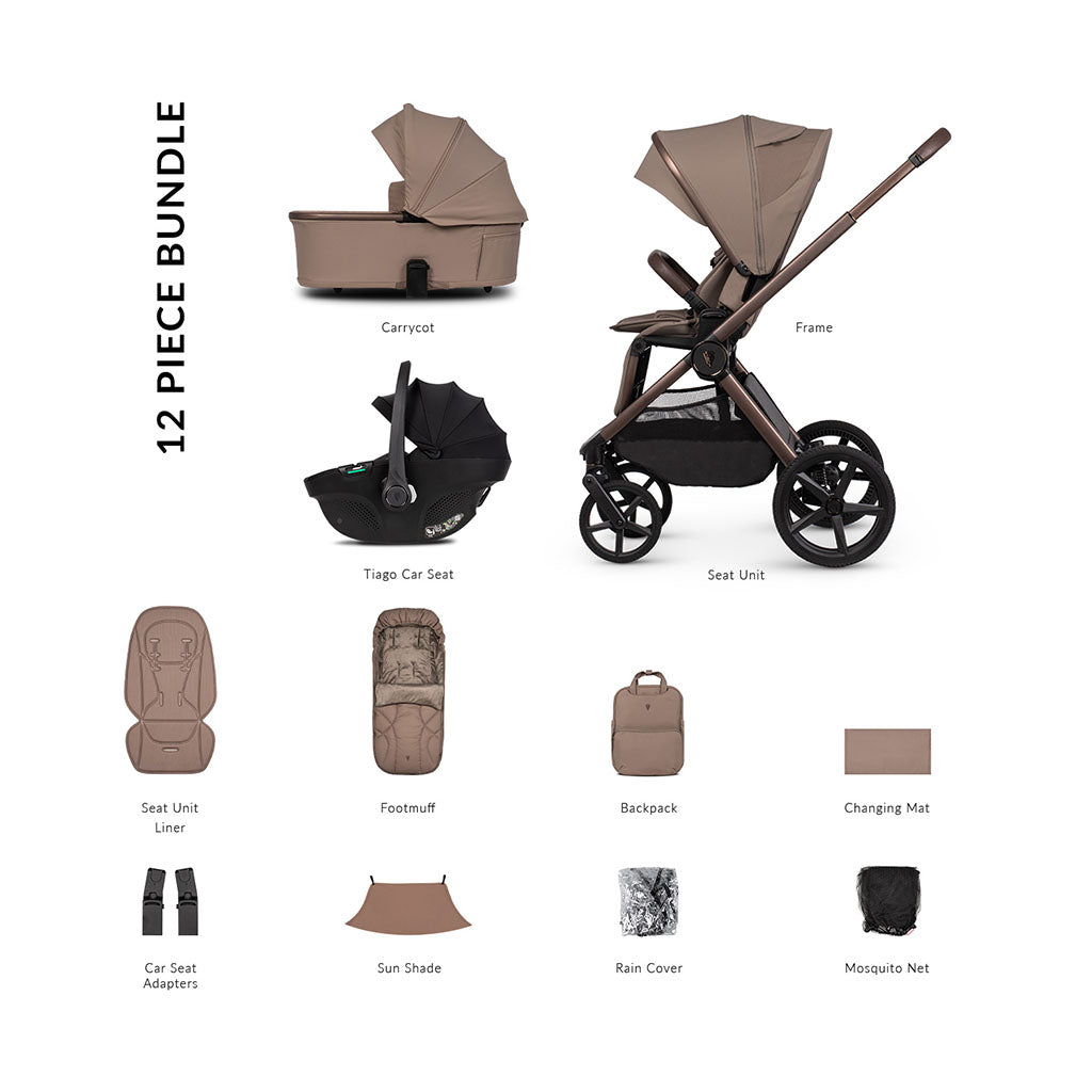 Venicci Upline 3 Comfort Bundle with Tiago Black Car Seat - Sand
