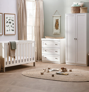 Silver Cross Bromley 3 Piece White Nursery Set with Convertible Cot to Toddler Bed, Dresser & Wardrobe