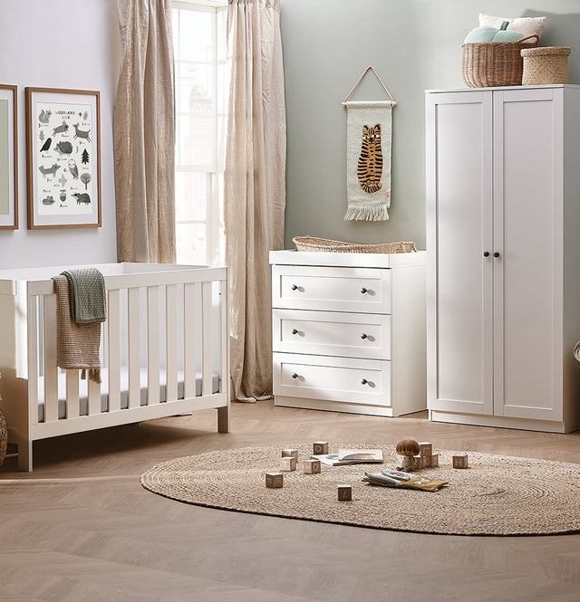 Silver Cross Bromley 3 Piece White Nursery Set with Convertible Cot to Toddler Bed, Dresser & Wardrobe