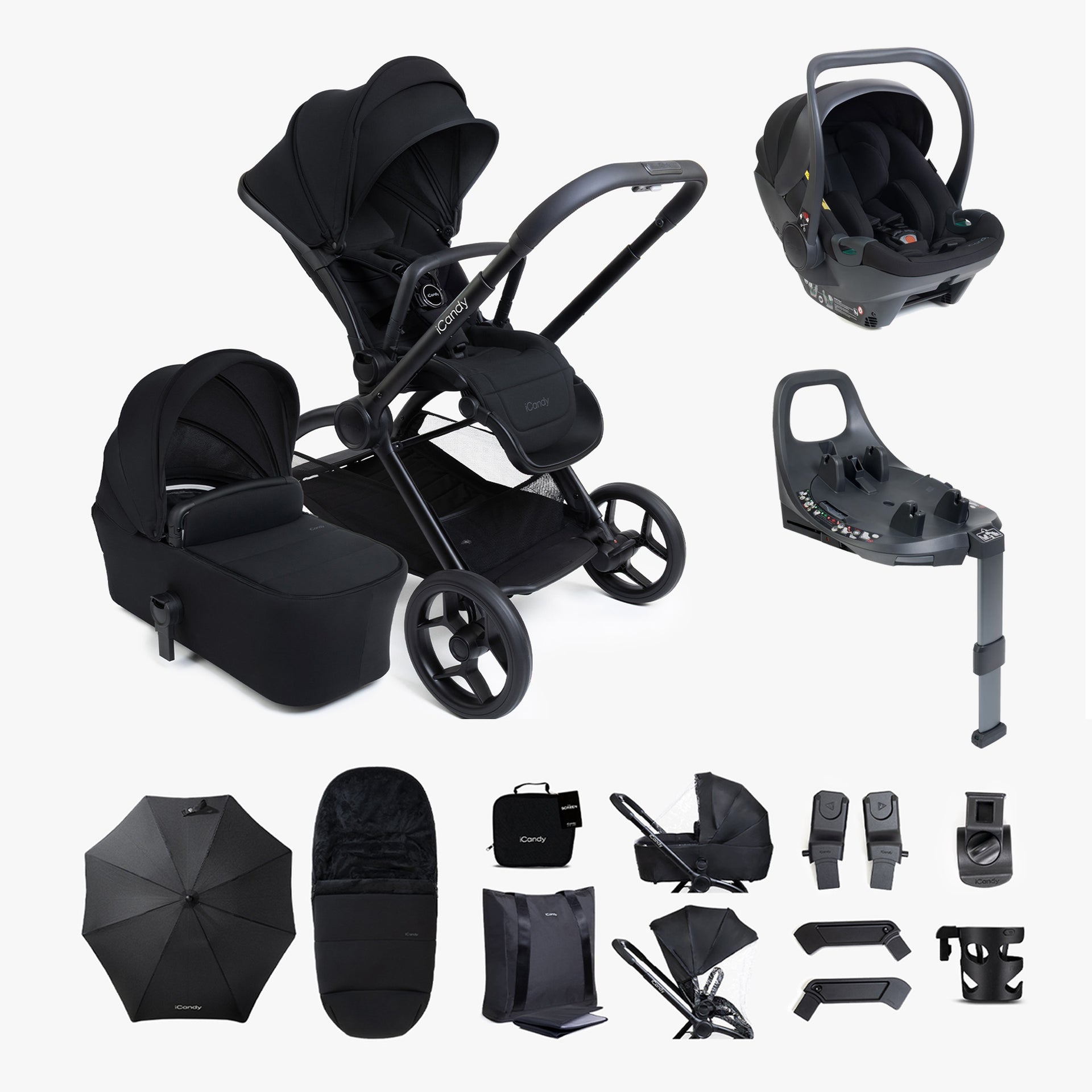 iCandy Core 2 Black Pushchair and Carrycot - Complete 360 Car Seat Bundle
