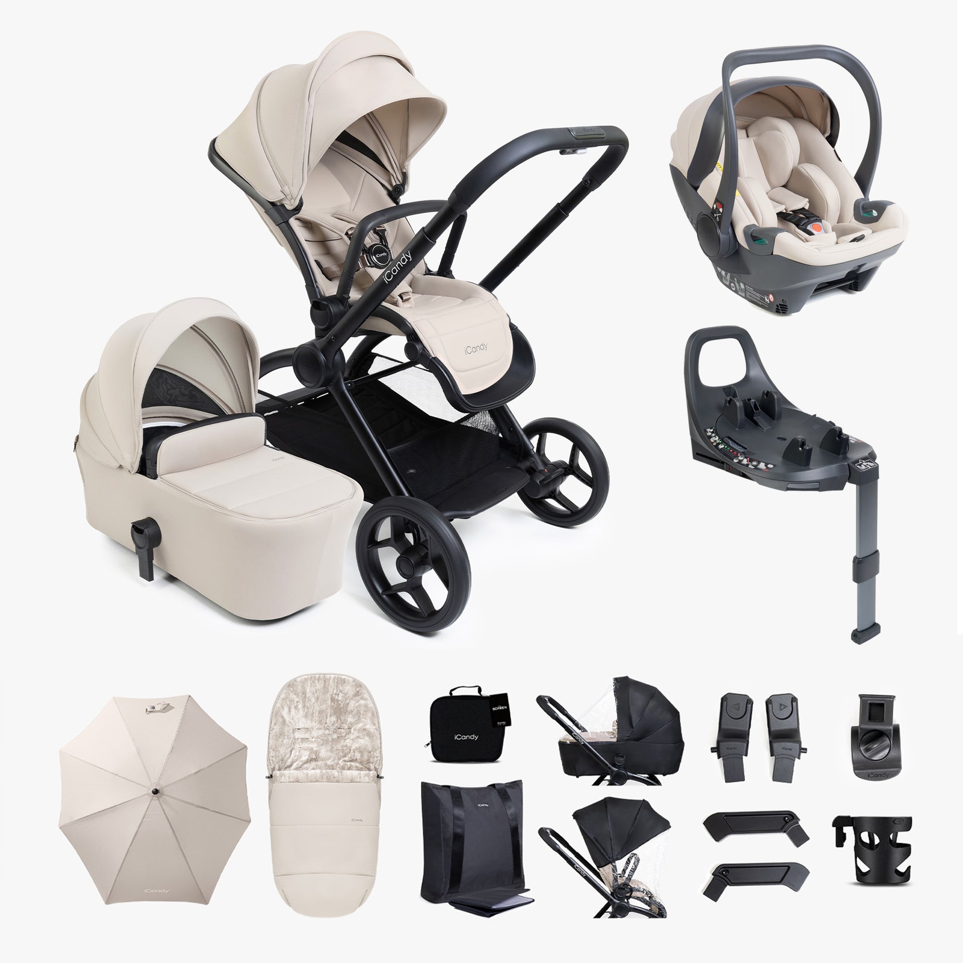 iCandy Core 2 Sandstone Pushchair and Carrycot - Complete 360 Car Seat Bundle