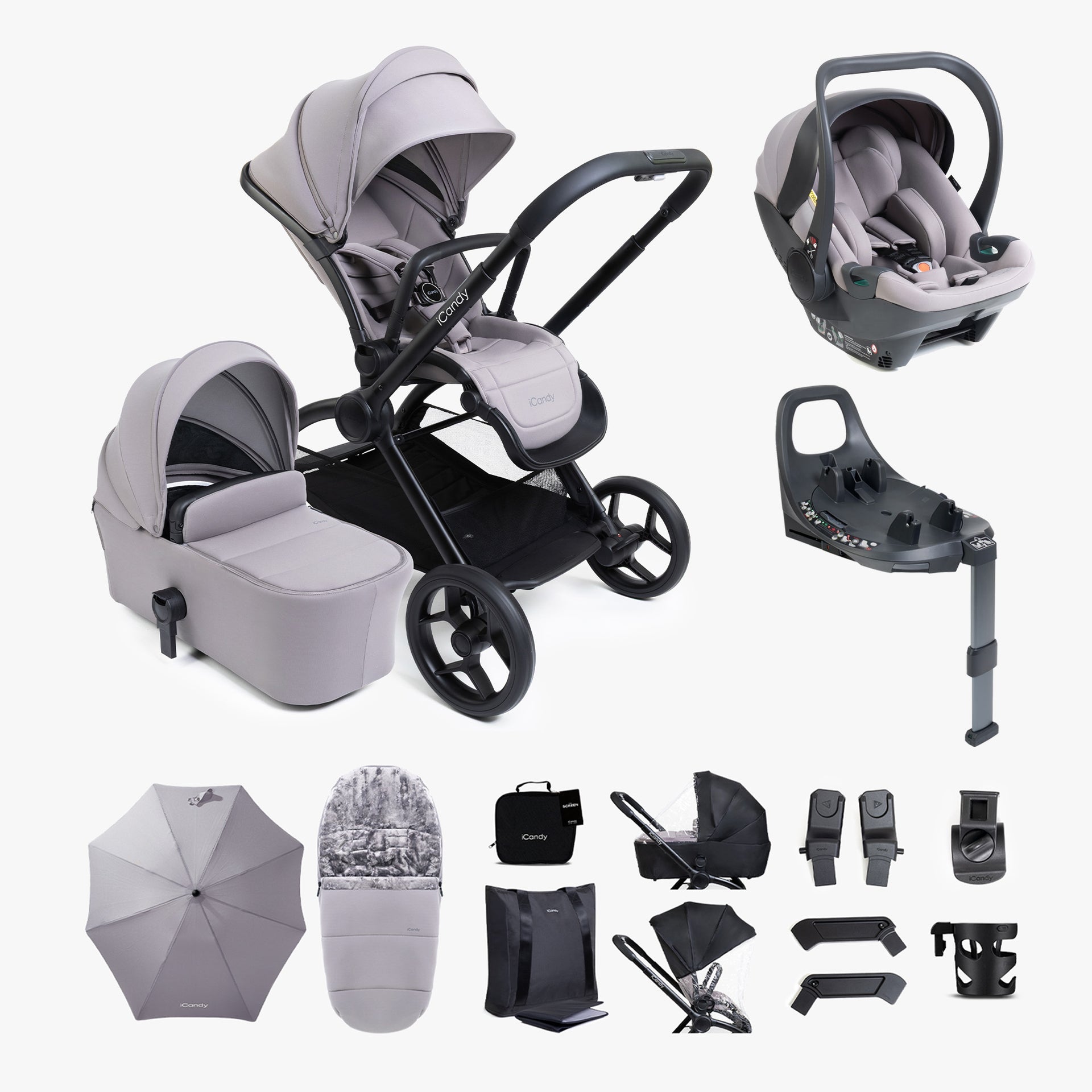 iCandy Core 2 Storm Grey Pushchair and Carrycot - Complete 360 Car Seat Bundle
