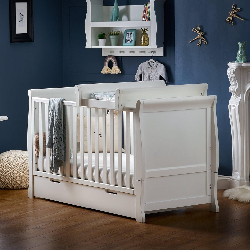 Obaby Stamford Space Saver Sleigh Cot and Cot Top Changer - White - Chelsea Baby