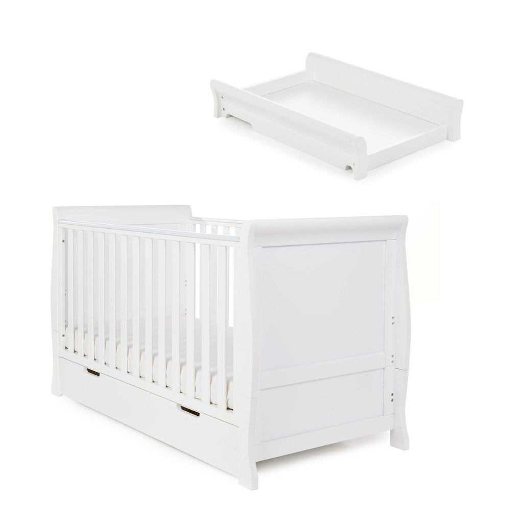 Obaby Stamford Space Saver Sleigh Cot and Cot Top Changer - White - Chelsea Baby